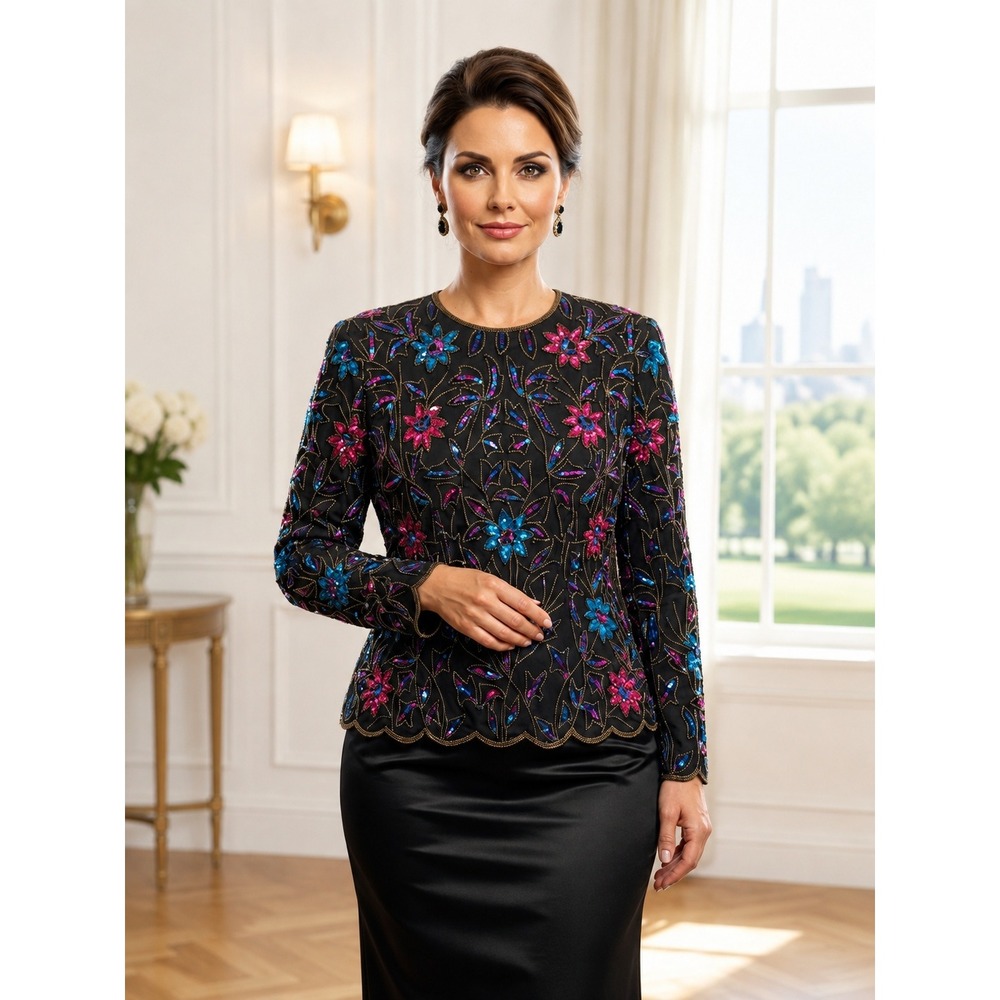 NWT Vintage Y2K JMD New York Beaded Silk Top Women L Black Sequin Evening